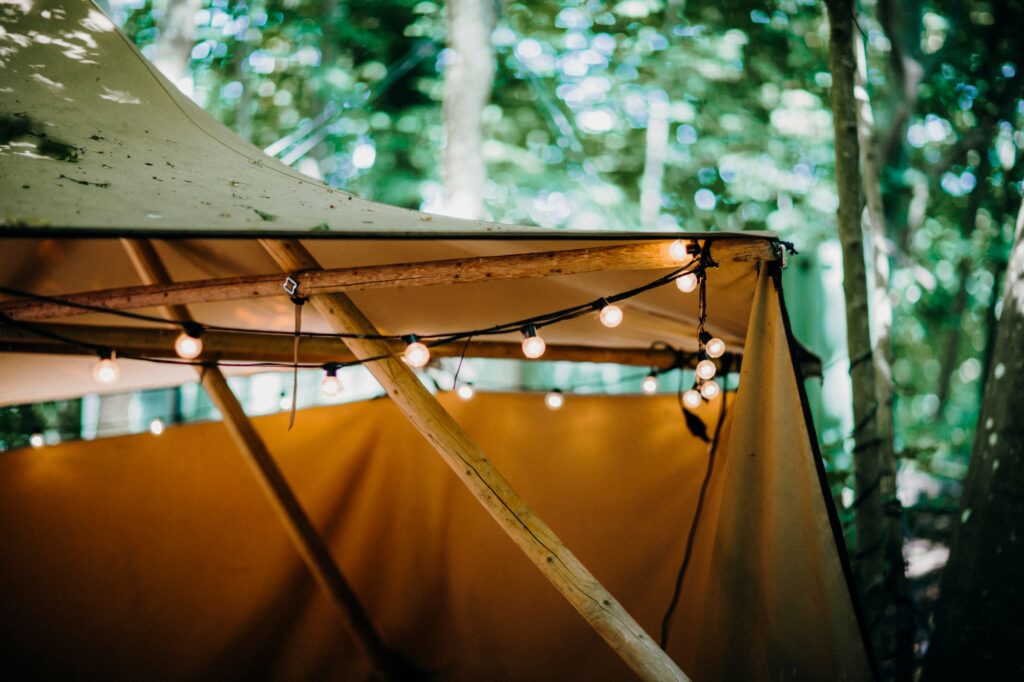 Festoon lights strung under tipi canvas with woodland behind